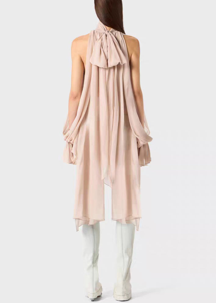 Pink Lace Up Solid Chiffon Fall Shirt Asymmetrical