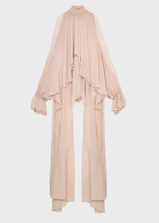 Pink Lace Up Solid Chiffon Fall Shirt Asymmetrical