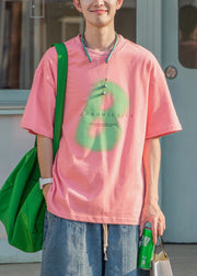 Pink Letter Print Oversized Cotton Men T Shirt O Neck Half Sleeve