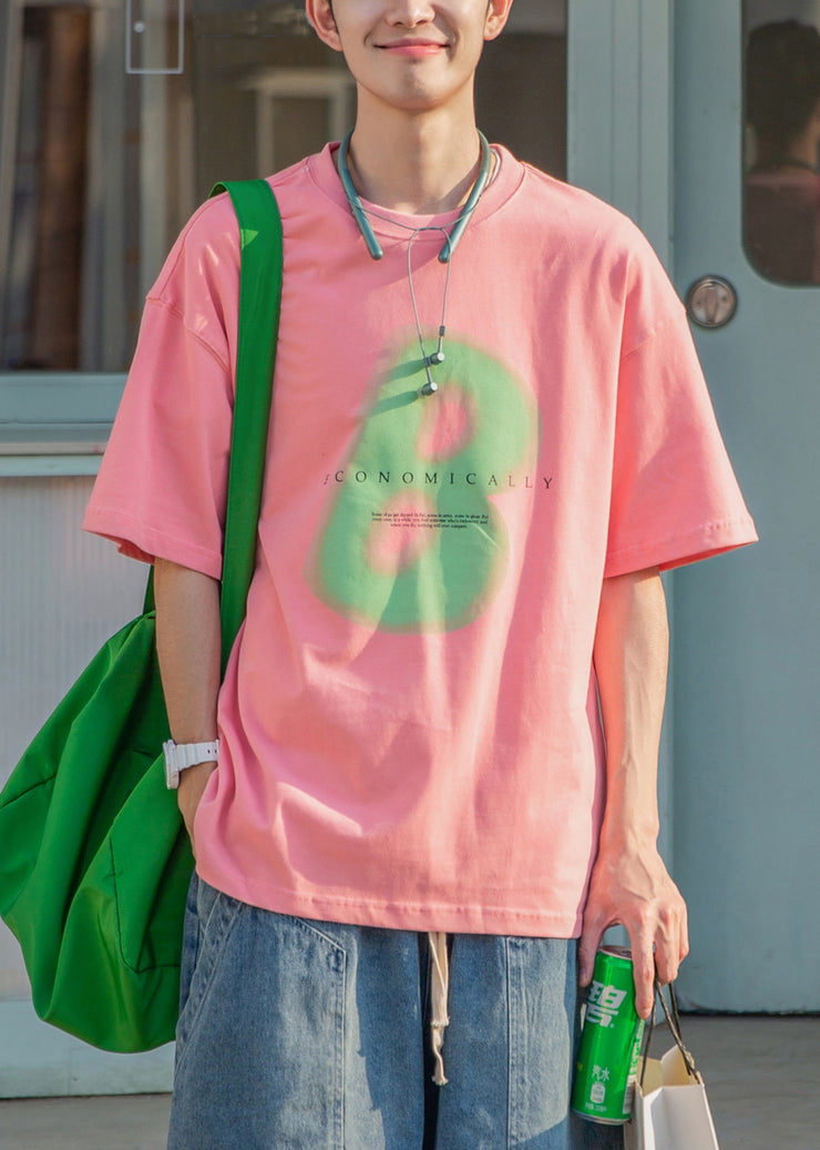 Pink Letter Print Oversized Cotton Men T Shirt O Neck Half Sleeve
