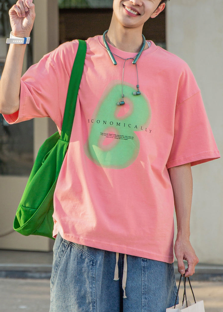 Pink Letter Print Oversized Cotton Men T Shirt O Neck Half Sleeve