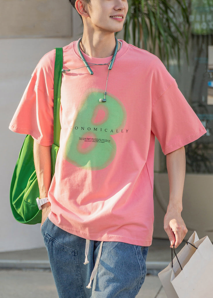 Pink Letter Print Oversized Cotton Men T Shirt O Neck Half Sleeve