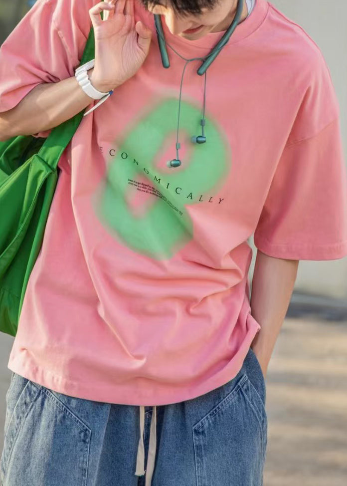 Pink Letter Print Oversized Cotton Men T Shirt O Neck Half Sleeve