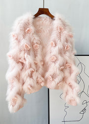 Pink Mink Hair Knitted Coats V Neck Winter