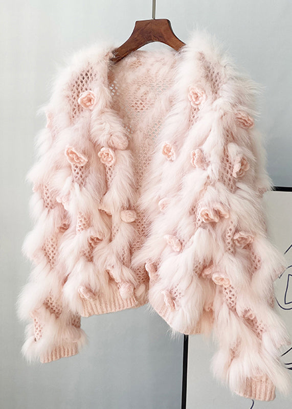 Pink Mink Hair Knitted Coats V Neck Winter