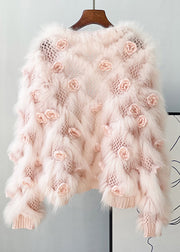 Pink Mink Hair Knitted Coats V Neck Winter