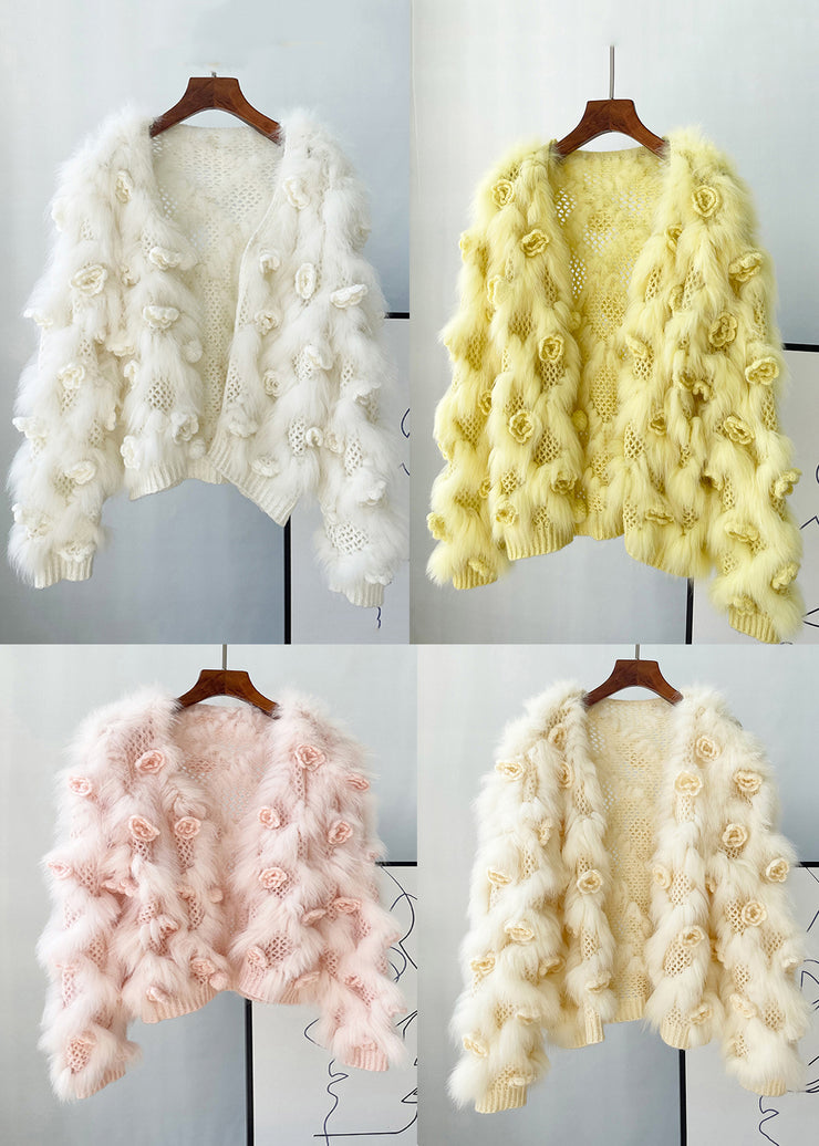 Pink Mink Hair Knitted Coats V Neck Winter