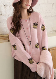 Pink O-Neck Patchwork Cotton Knit Cardigans Fall
