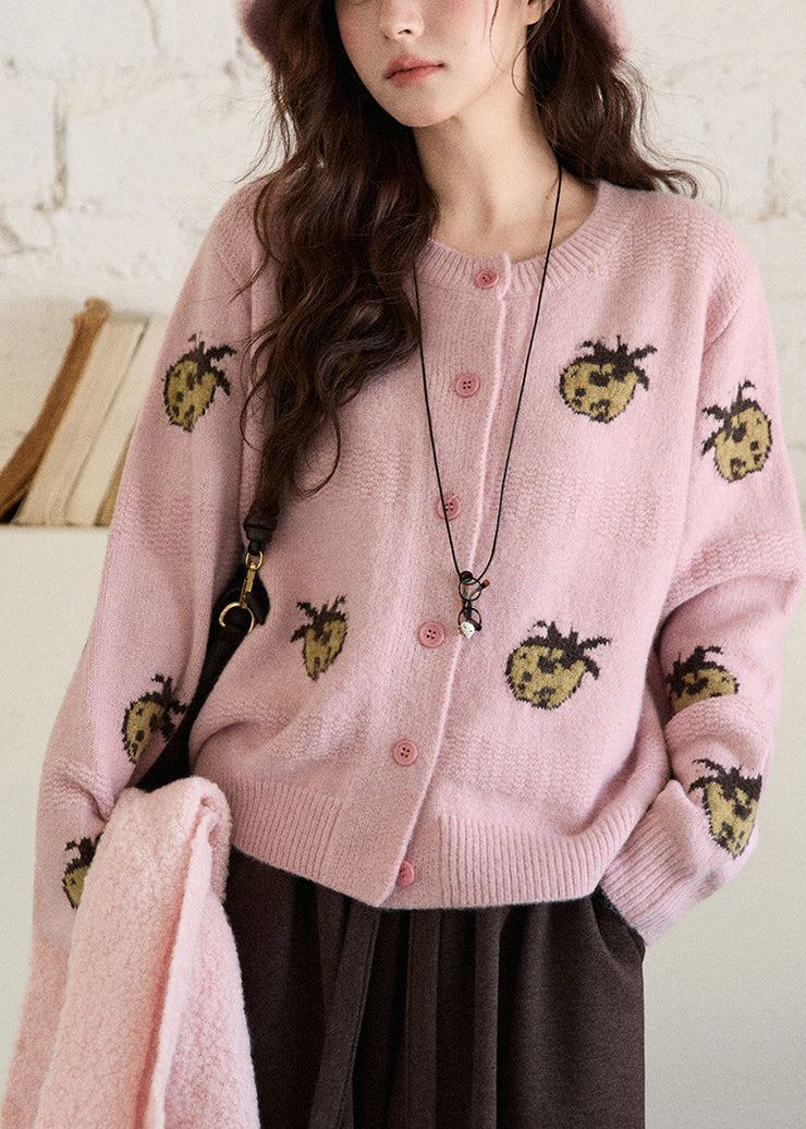 Pink O-Neck Patchwork Cotton Knit Cardigans Fall