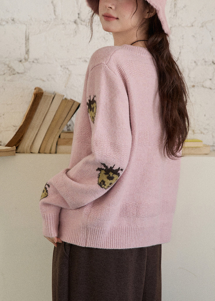 Pink O-Neck Patchwork Cotton Knit Cardigans Fall