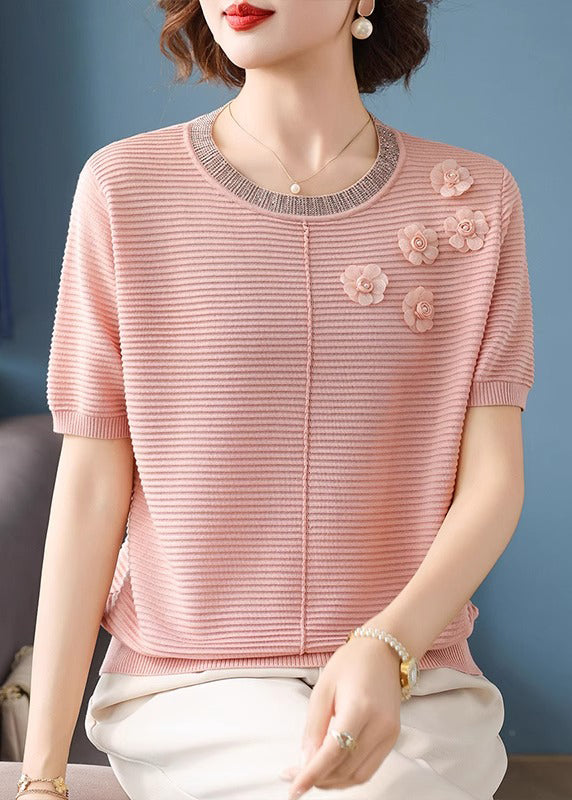 Pink O-Neck Patchwork T Shirt Summer
