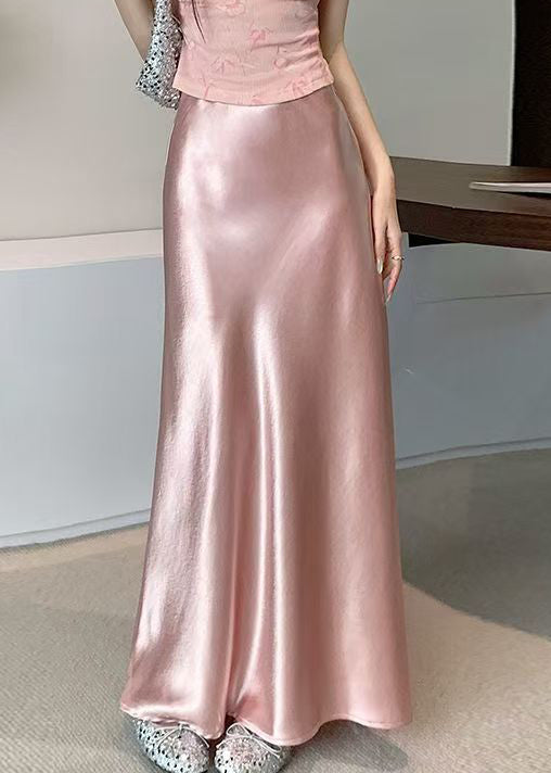 Pink Original Design Solid Silk Skirts High Waist