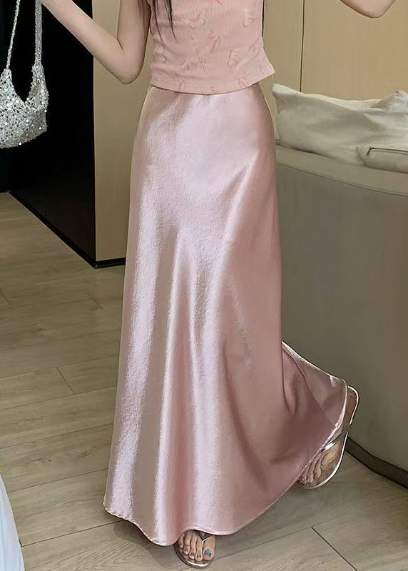 Pink Original Design Solid Silk Skirts High Waist