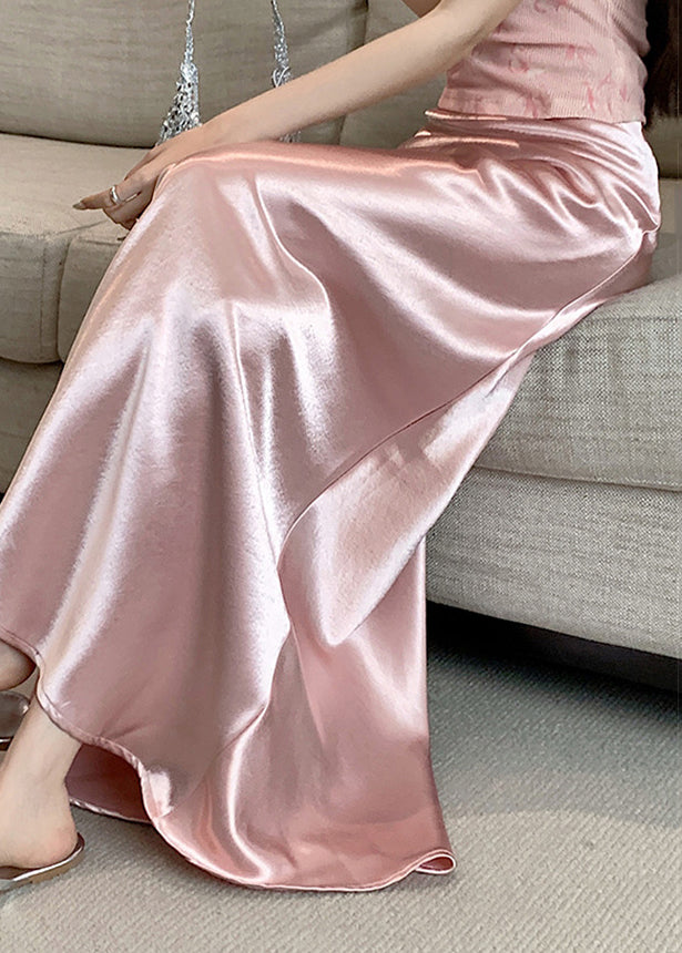 Pink Original Design Solid Silk Skirts High Waist
