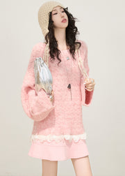 Pink Patchwork Cozy Knitted Tops Hollow Out Winter