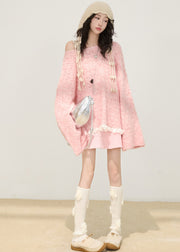 Pink Patchwork Cozy Knitted Tops Hollow Out Winter
