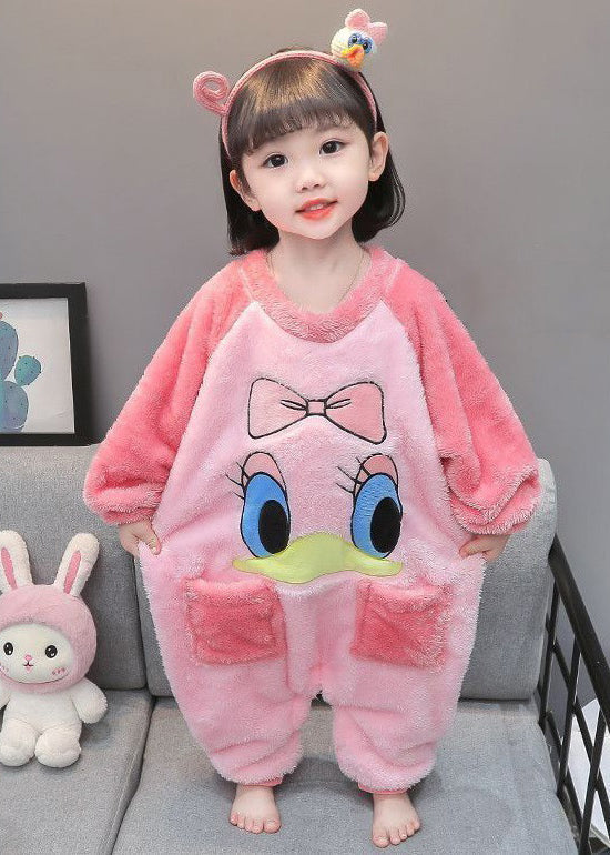 Pink Patchwork Kids Girls Pajamas Jumpsuit O Neck Spring