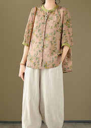 Pink Patchwork Linen Blouse Tops Stand Collar Button Summer