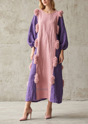 Pink Patchwork Robe Dresses Oversized Fuzzy Ball Decorated Fall