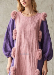 Pink Patchwork Robe Dresses Oversized Fuzzy Ball Decorated Fall