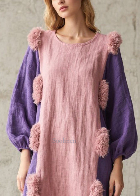Pink Patchwork Robe Dresses Oversized Fuzzy Ball Decorated Fall