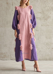 Pink Patchwork Robe Dresses Oversized Fuzzy Ball Decorated Fall