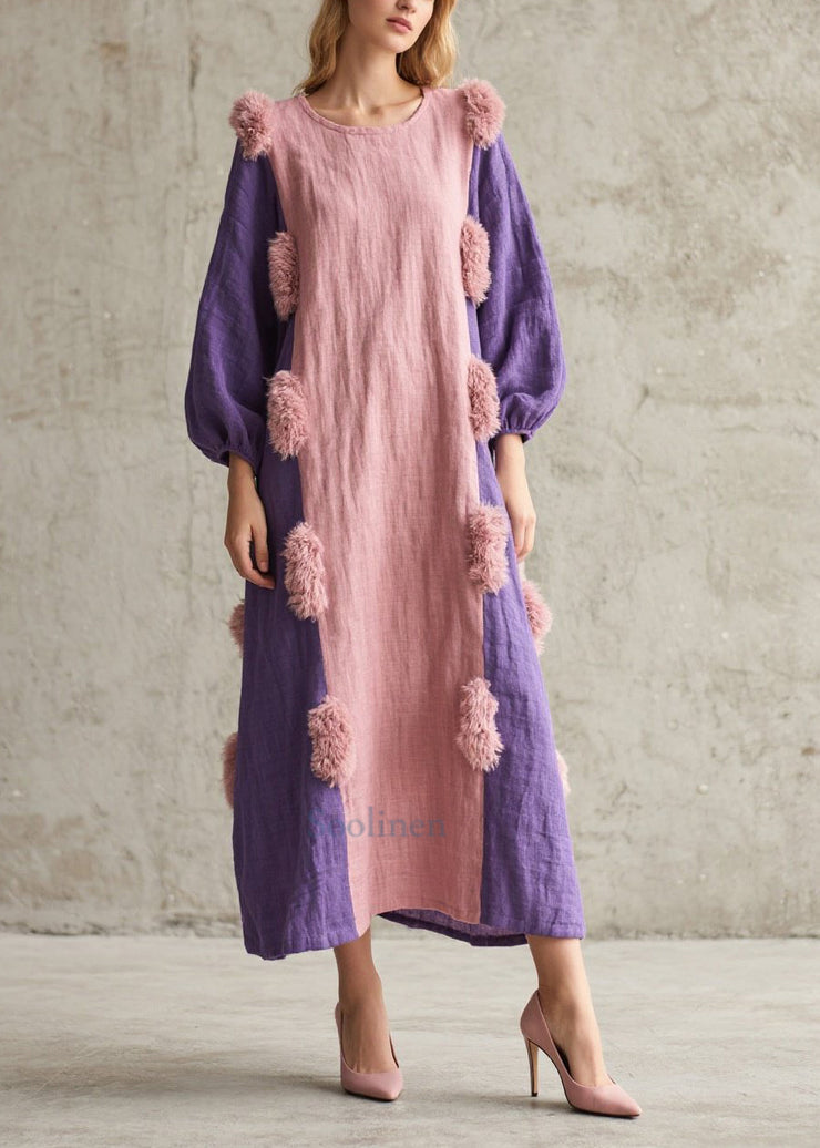 Pink Patchwork Robe Dresses Oversized Fuzzy Ball Decorated Fall