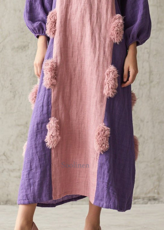 Pink Patchwork Robe Dresses Oversized Fuzzy Ball Decorated Fall