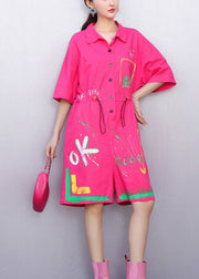 Pink Playful Graffiti Cotton Summer Jumpsuits Peter Pan Collar