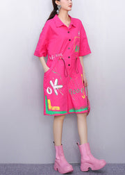 Pink Playful Graffiti Cotton Summer Jumpsuits Peter Pan Collar