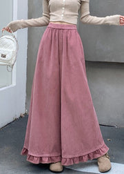 Pink Pockets Elastic Waist Corduroy Fall Pants Ruffled