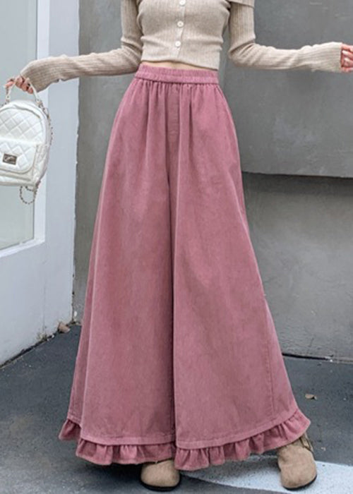 Pink Pockets Elastic Waist Corduroy Fall Pants Ruffled
