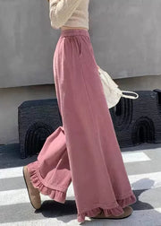 Pink Pockets Elastic Waist Corduroy Fall Pants Ruffled