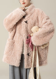 Pink Pockets Solid Teddy Faux Fur Coat Stand Collar