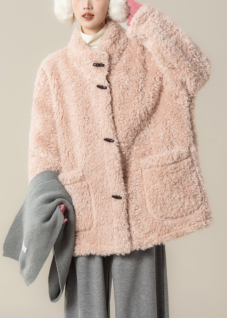 Pink Pockets Solid Teddy Faux Fur Coat Stand Collar