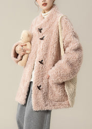 Pink Pockets Solid Teddy Faux Fur Coat Stand Collar