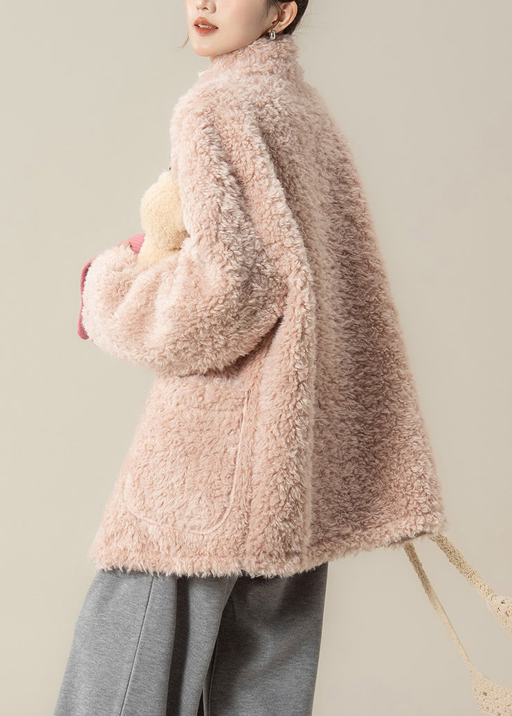 Pink Pockets Solid Teddy Faux Fur Coat Stand Collar