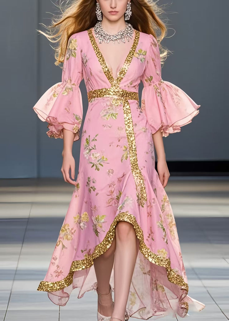 Pink Print Chiffon Maxi Dresses Asymmetrical Flare Sleeve