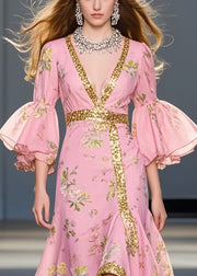 Pink Print Chiffon Maxi Dresses Asymmetrical Flare Sleeve