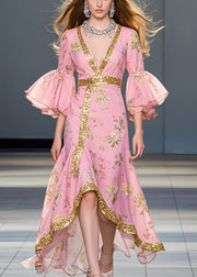 Pink Print Chiffon Maxi Dresses Asymmetrical Flare Sleeve