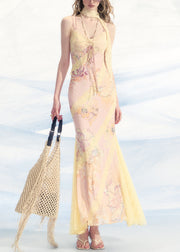 Pink Print Lace Patchwork Spaghetti Strap Dress V Neck Summer