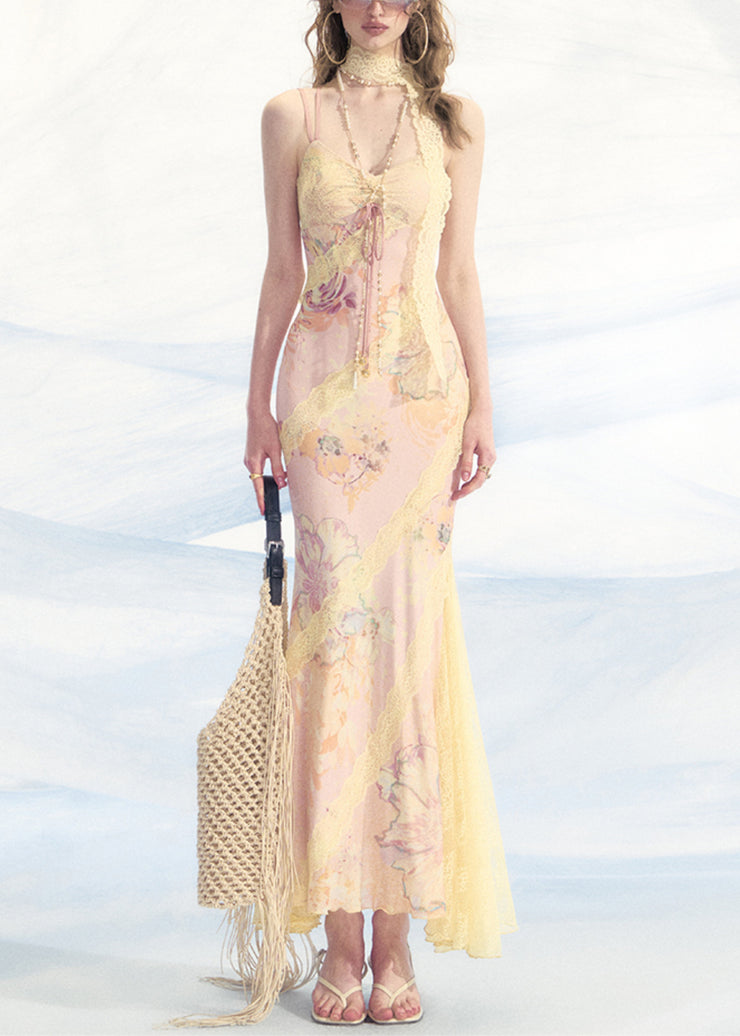 Pink Print Lace Patchwork Spaghetti Strap Dress V Neck Summer