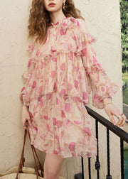 Pink Print Lace Up Chiffon Fall Mid Dress Cold Shoulder