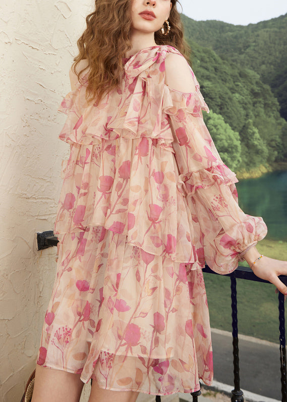 Pink Print Lace Up Chiffon Fall Mid Dress Cold Shoulder
