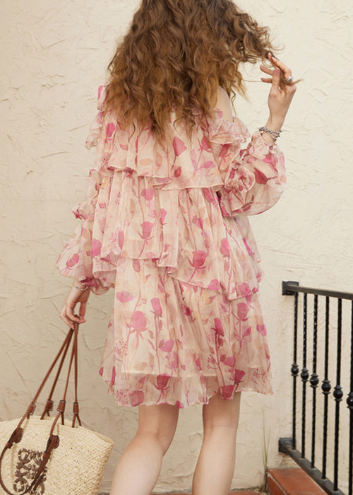 Pink Print Lace Up Chiffon Fall Mid Dress Cold Shoulder
