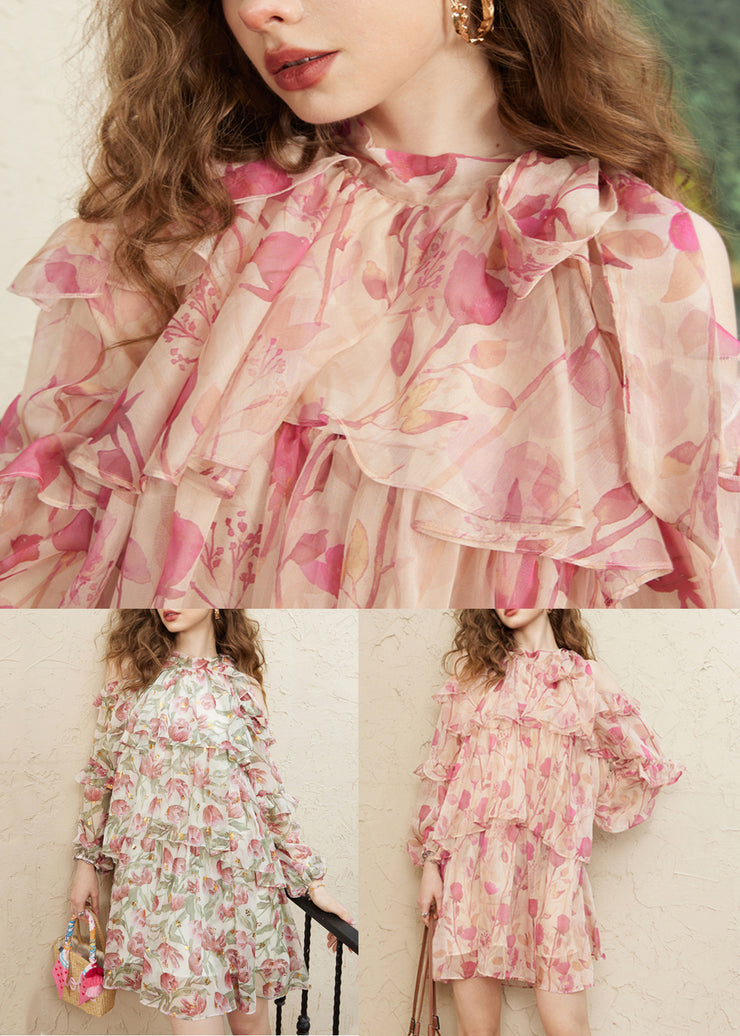 Pink Print Lace Up Chiffon Fall Mid Dress Cold Shoulder