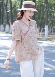 Pink Print Patchwork Linen Shirt Top V Neck Lace Up Summer