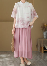 Pink Print Patchwork Silk Shirt Tops Stand Collar Button Summer
