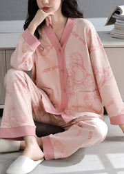 Pink Print Pockets Cotton Pajamas Two-Piece Set V Neck Fall