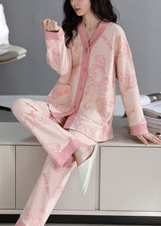 Pink Print Pockets Cotton Pajamas Two-Piece Set V Neck Fall